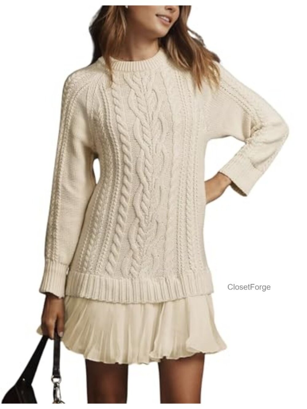 Women's Cable Knit Sweater Dress Crew Neck Long Sleeve A-Line Mini Dress Twofer